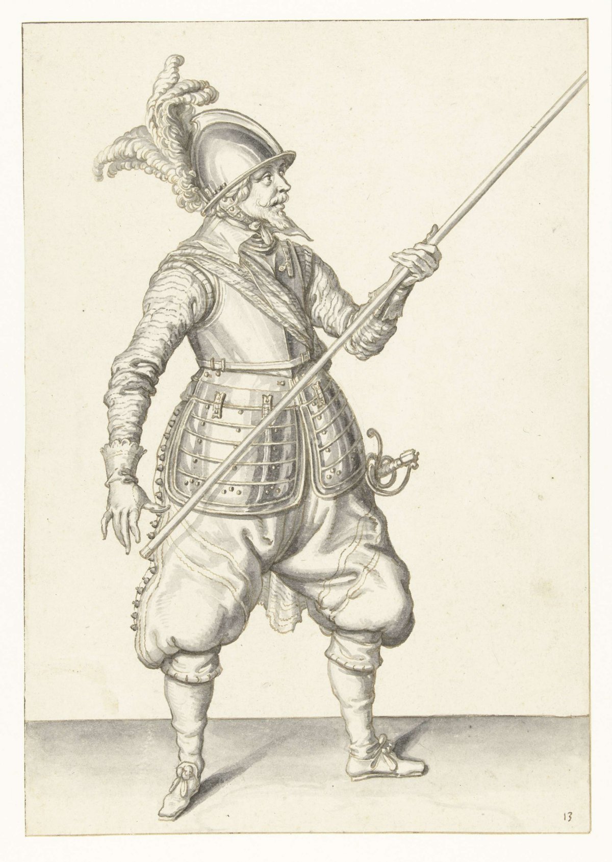 Soldier carrying his spear with his left hand by his right side, the point pointed diagonally upward, Jacques de Gheyn (II), 1596 - 1606