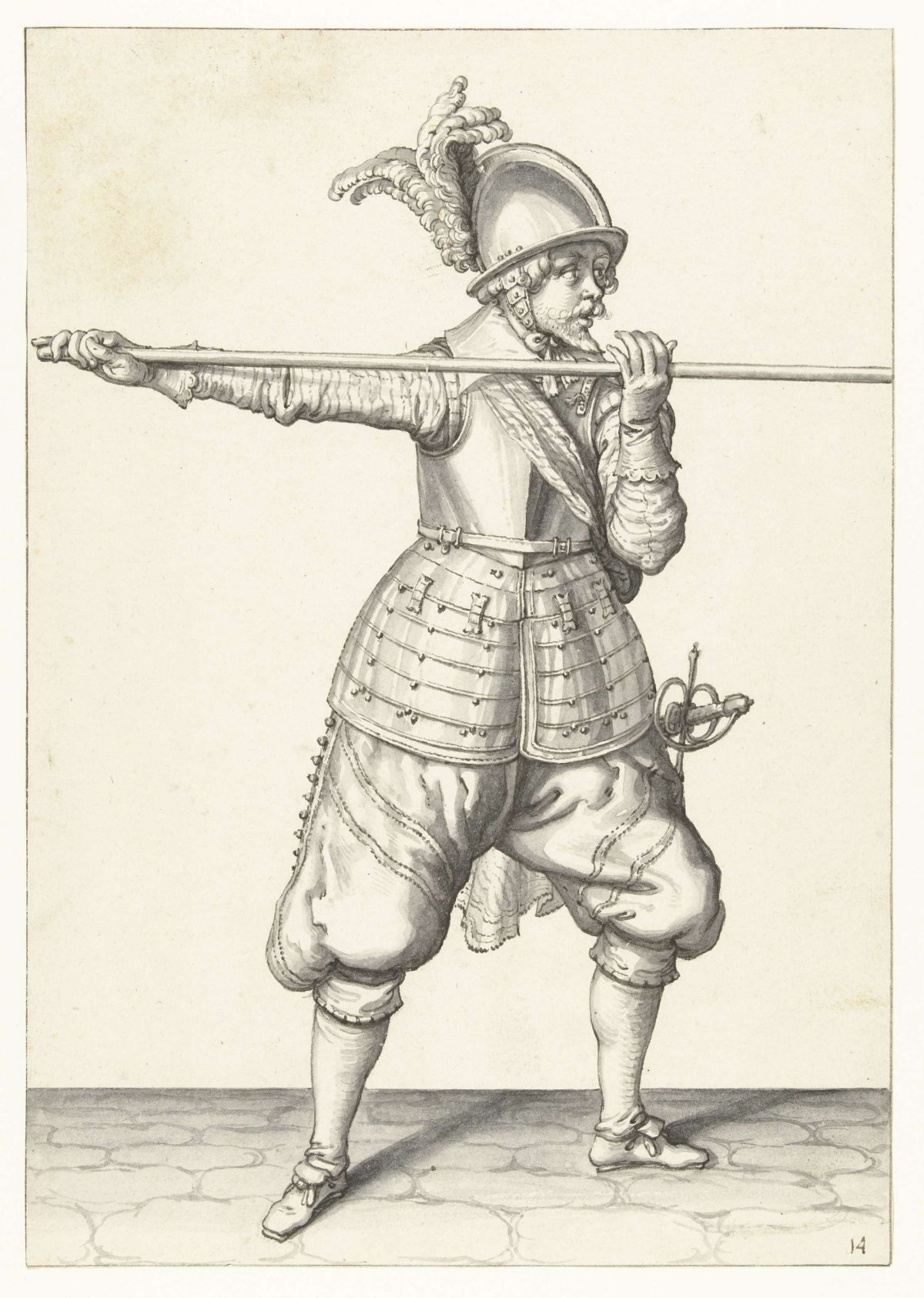 Soldier carrying his spear with both hands horizontal at shoulder height, his right hand at the base of the weapon, Jacques de Gheyn (II), 1596 - 1606