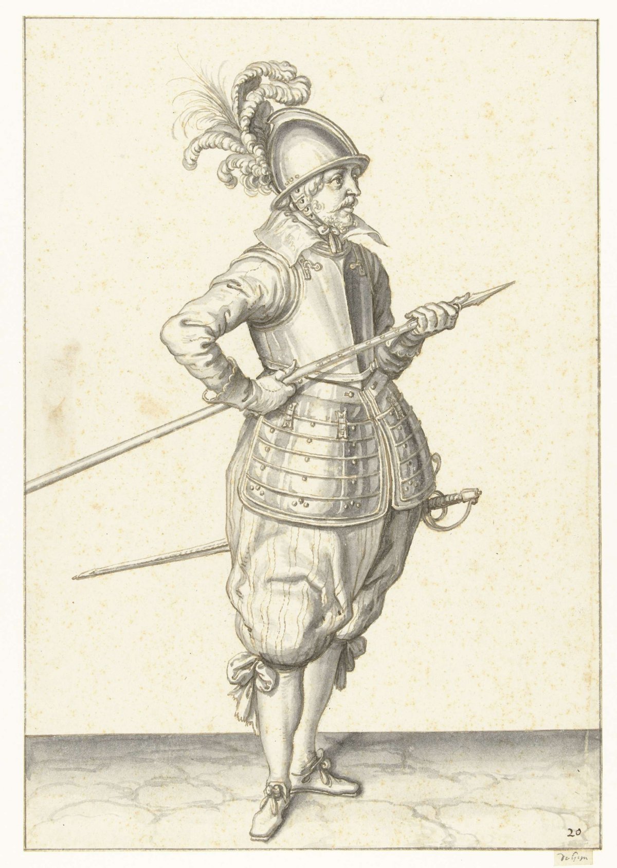 Soldier carrying his spear with both hands by his right side, the tip angled upward and near his abdomen, Jacques de Gheyn (II), 1596 - 1606