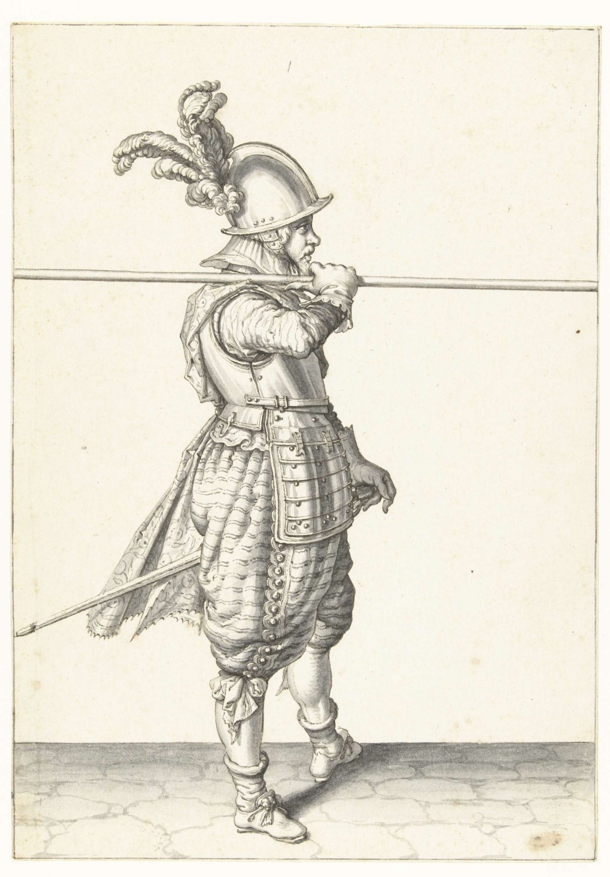 Soldier carrying his spear horizontally on his right shoulder, Jacques de Gheyn (II), 1596 - 1606