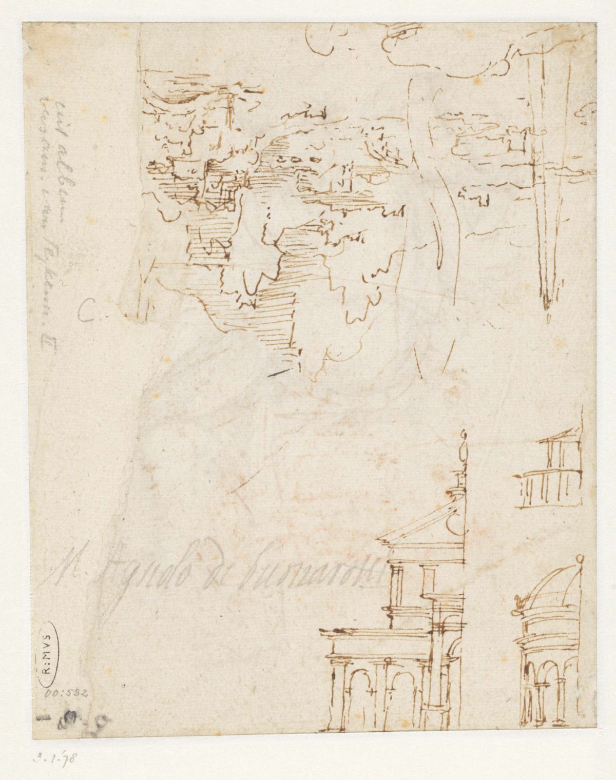 Two architectural studies and a landscape with an obelisk, Maarten van Heemskerck, 1536