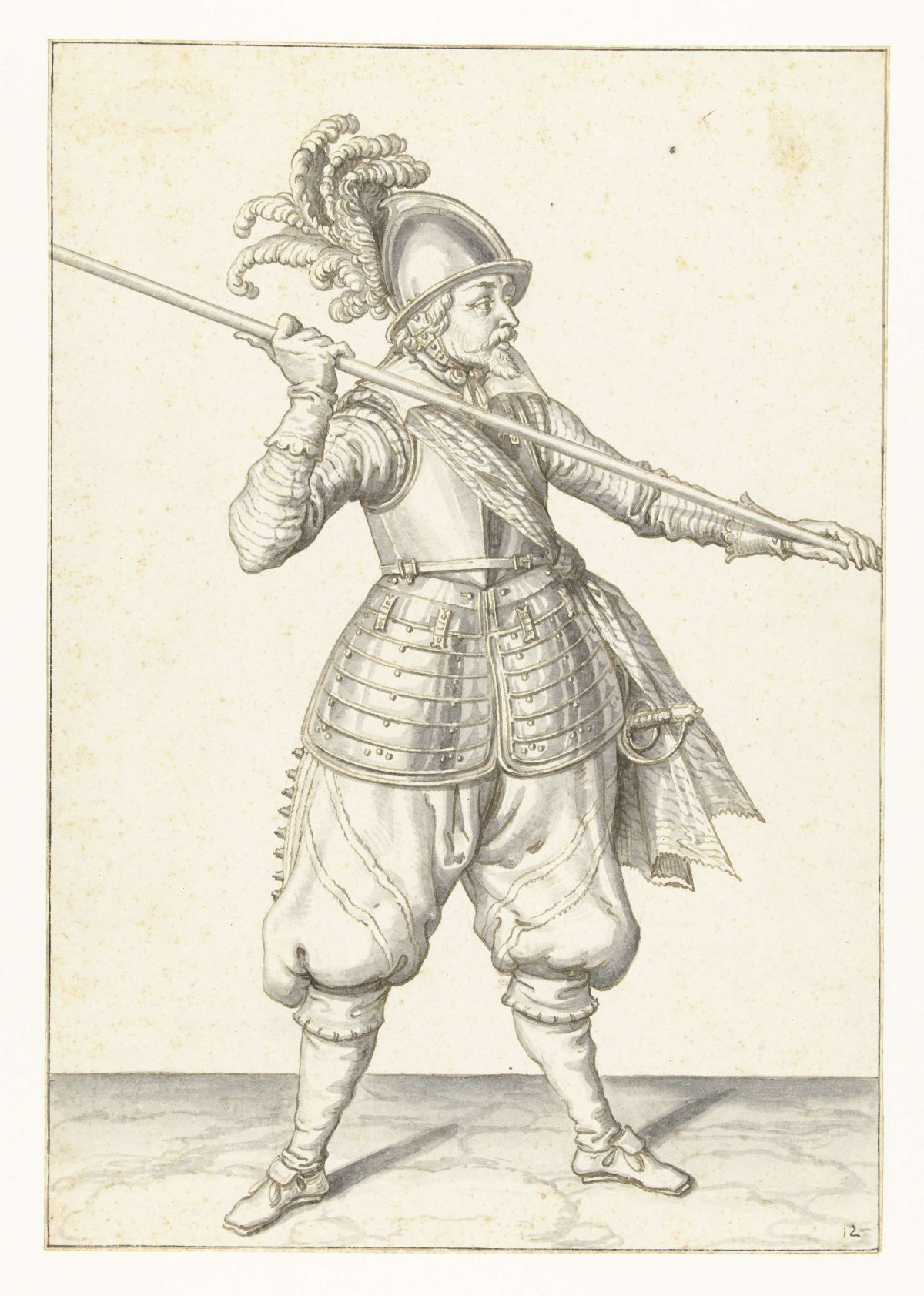 Soldier carrying his spear with both hands far apart above his right shoulder, the point pointed diagonally toward the ground, Jacques de Gheyn (II), 1596 - 1606