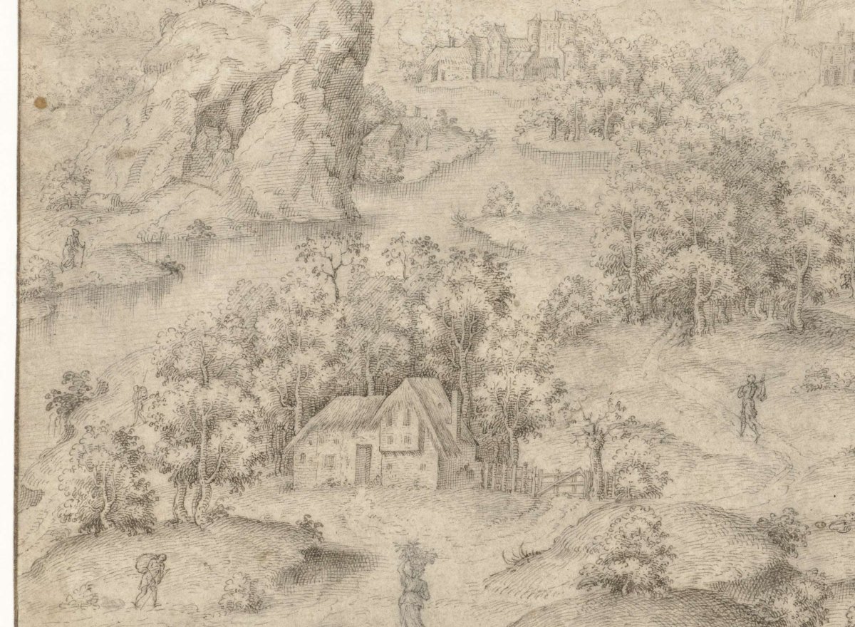 Fantasy landscape with a steep rock, anonymous, 1538 - 1564