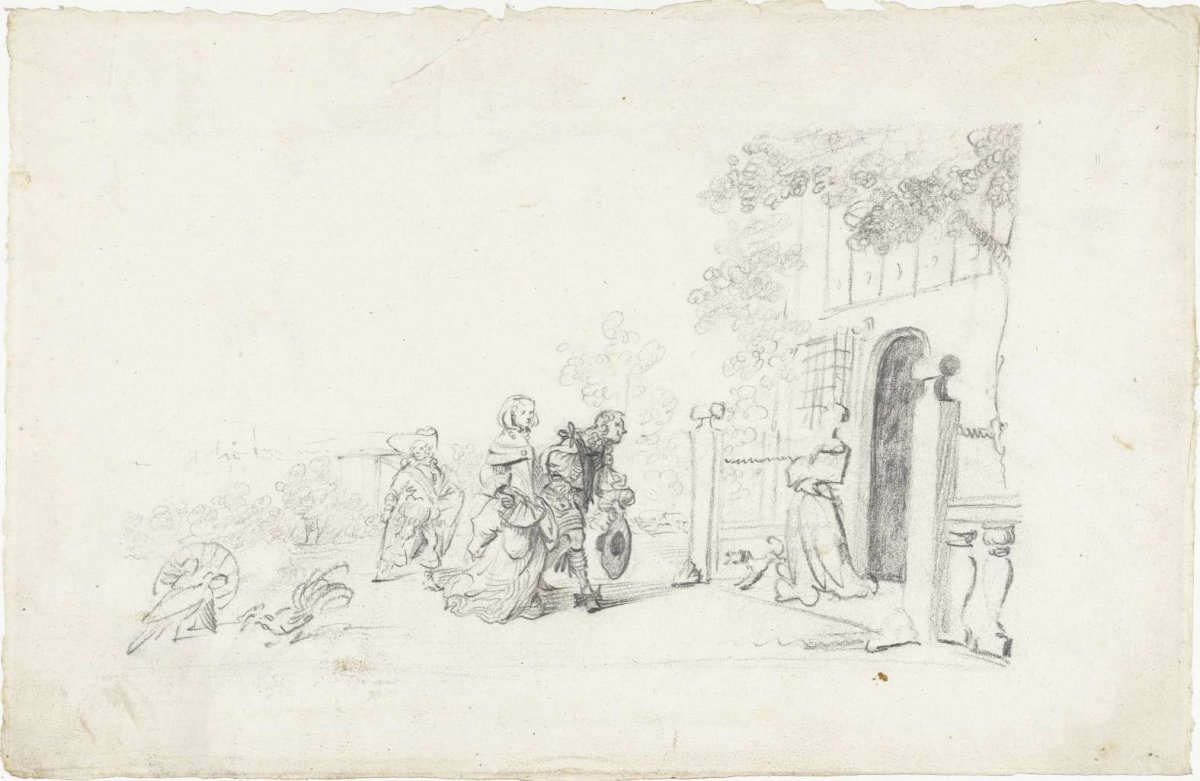 Couple Greeting a Lady at the Door of a Country House, Gesina ter Borch, c. 1659