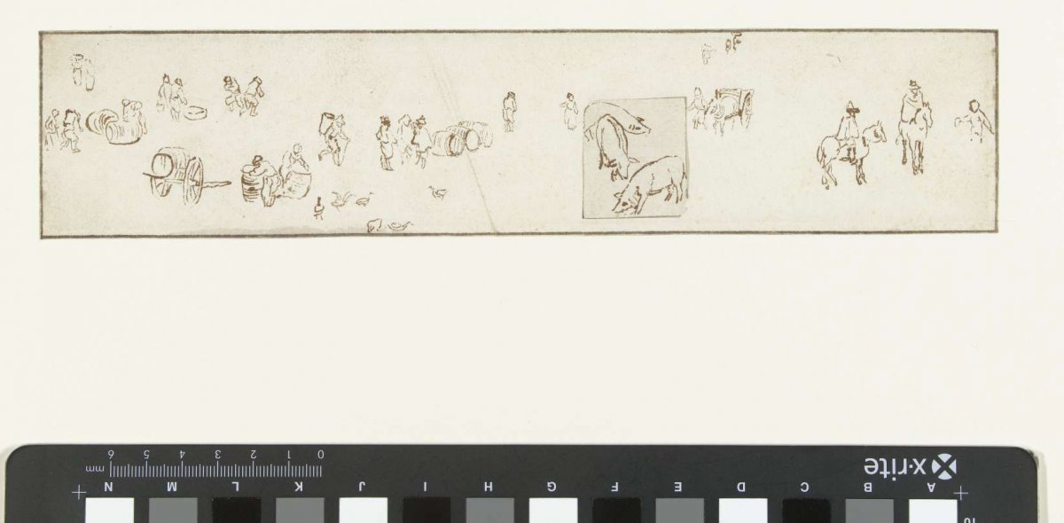 Study sheet with horsemen, standing and walking figures and cattle, anonymous, 1600 - 1700