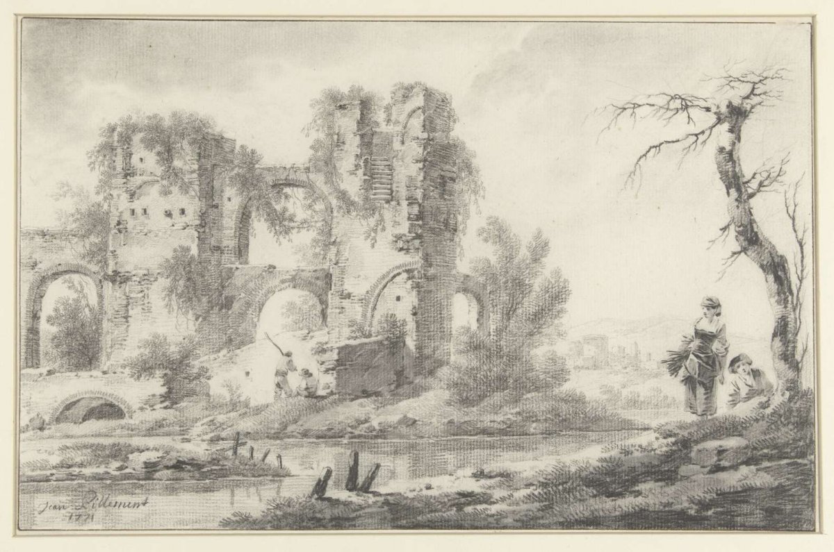 Ruins by a river with a boy and girl on the right, Jean Baptiste Pillement, 1771