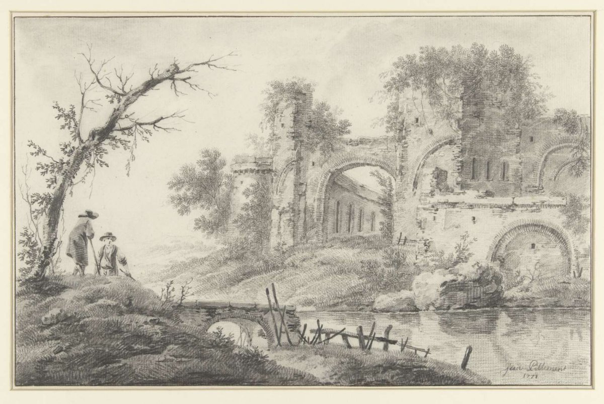 Ruin on a river with two countrymen, Jean Baptiste Pillement, 1771