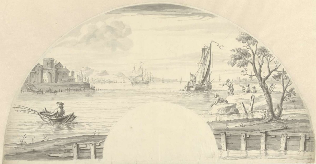 View of some boats on the water, a fishing man and a city gate, Pieter Idserts, 1708 - 1781