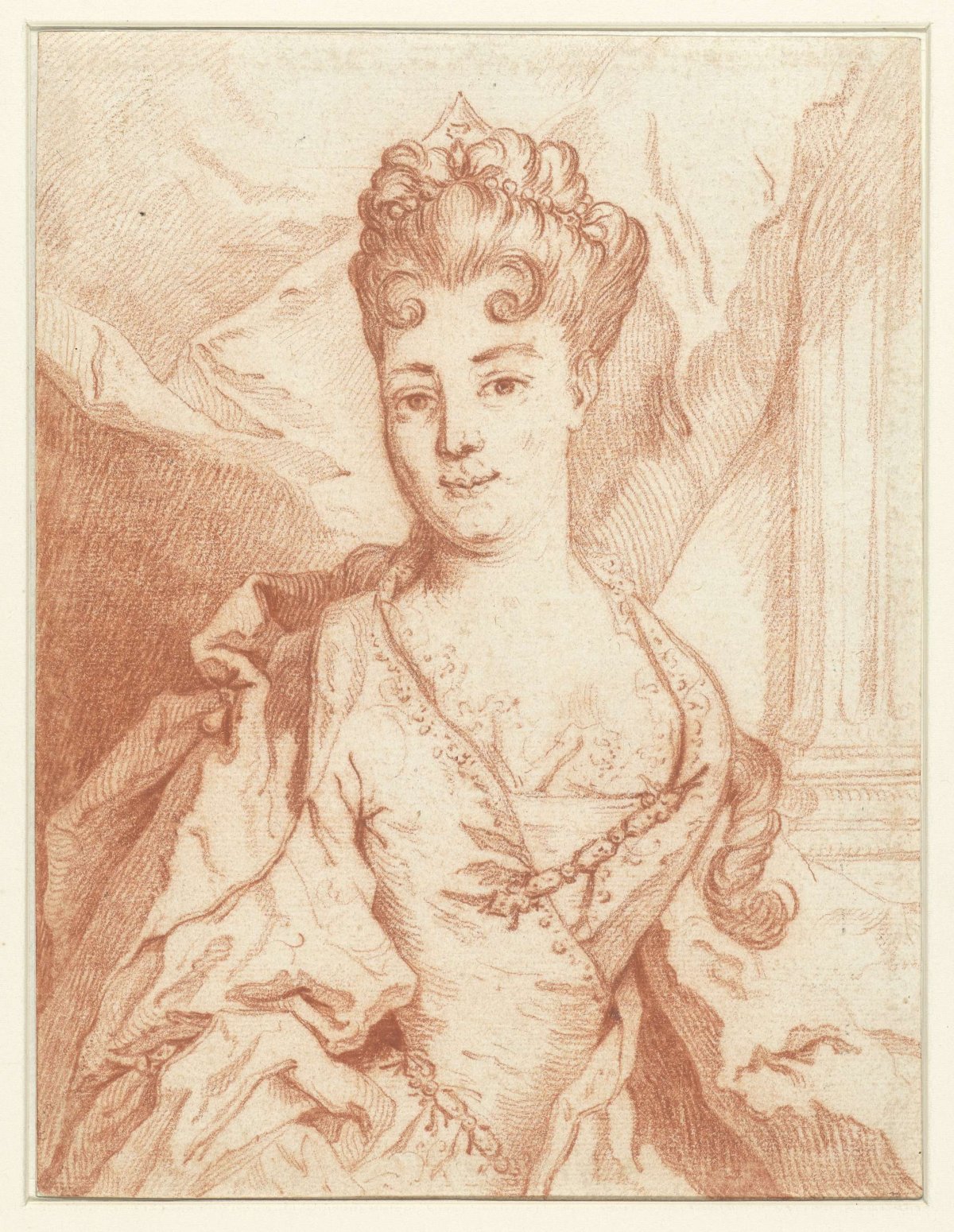 Portrait of a distinguished lady, hip piece, almost entirely from the front, anonymous, 1700 - 1800