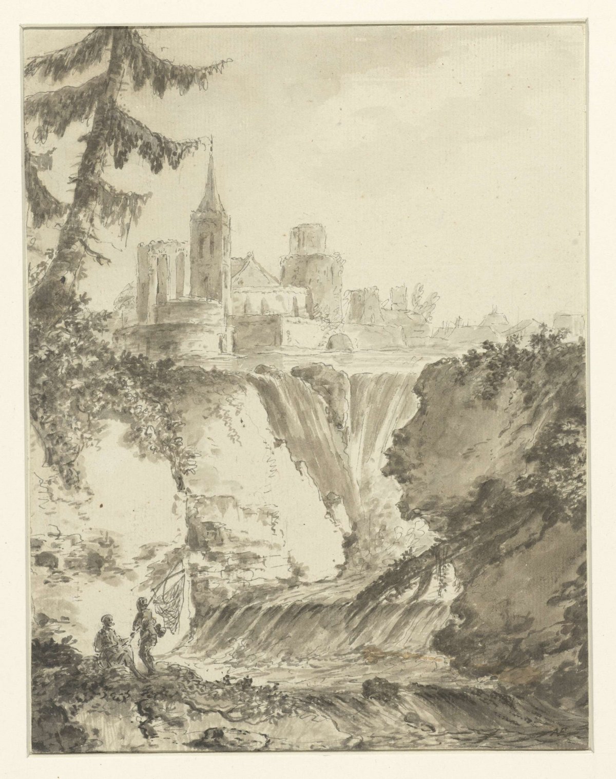 Ruined church building near a waterfall, anonymous, c. 1700 - c. 1800