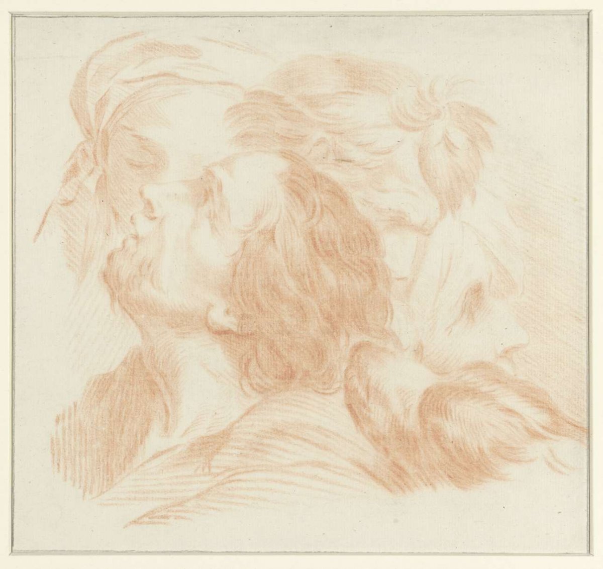 Study sheet with men's heads and a dog's head, anonymous, 1700 - 1800
