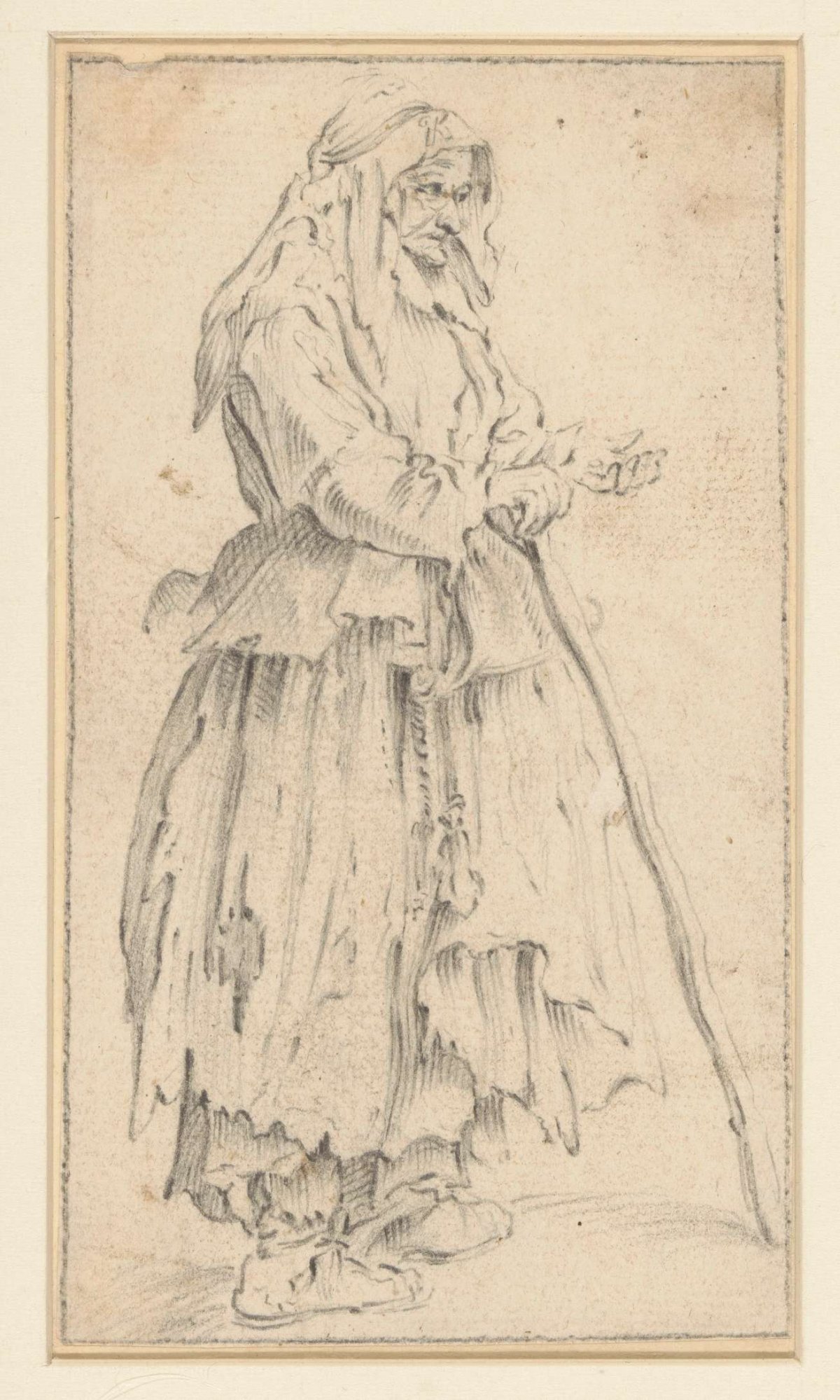 Beggaress with cane, facing right, anonymous, c. 1620 - c. 1700