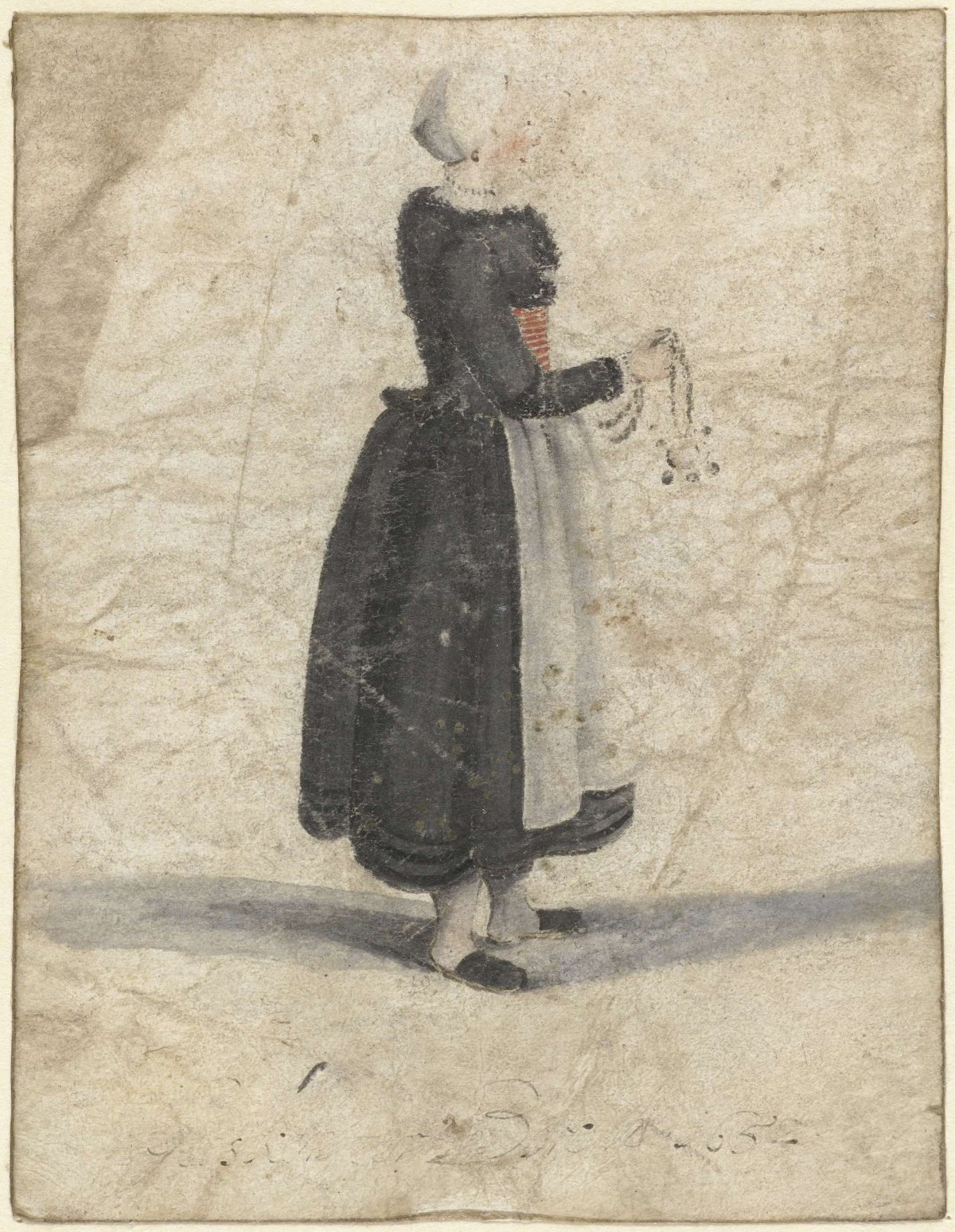 North Dutch woman standing with an ornament or bag in hand, Gesina ter Borch, 1652