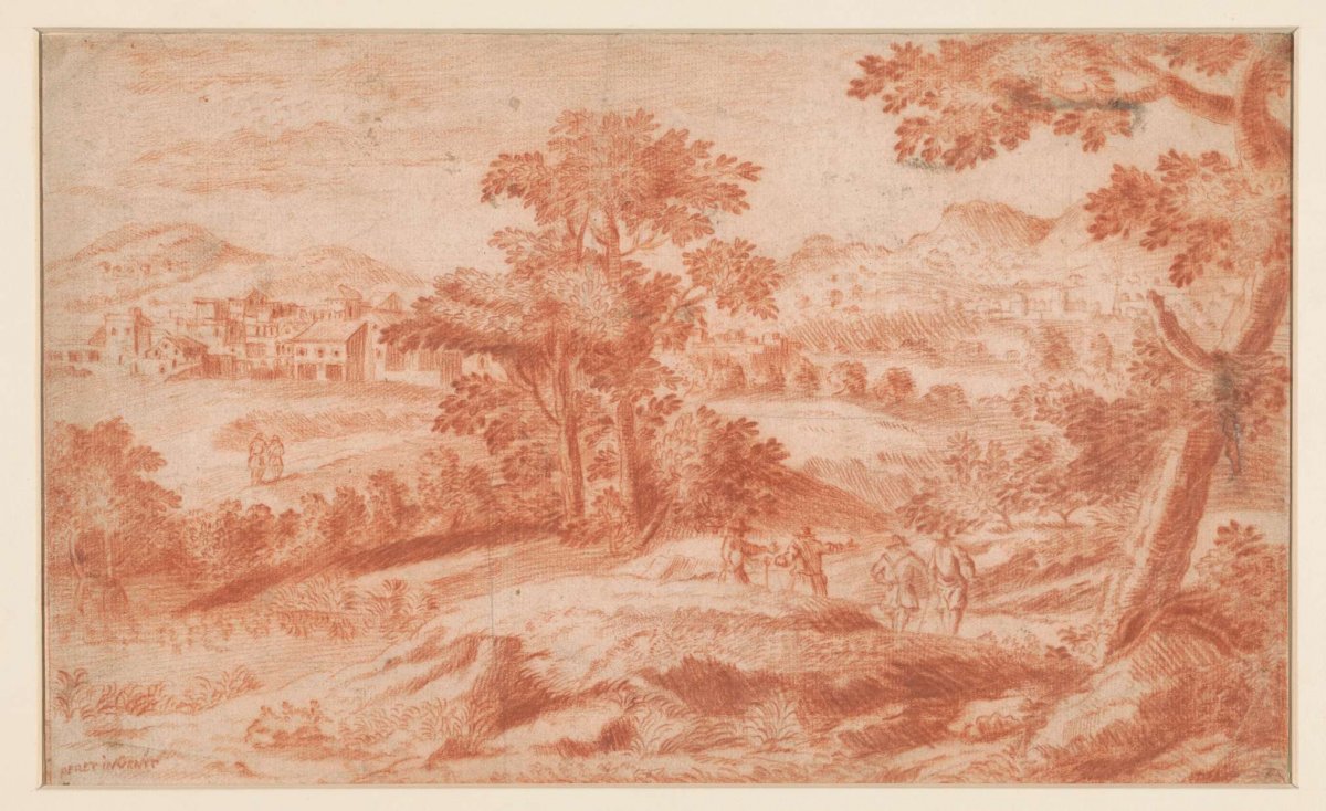 Tree and hilly landscape with hikers, Adam Perelle, 1650 - 1695