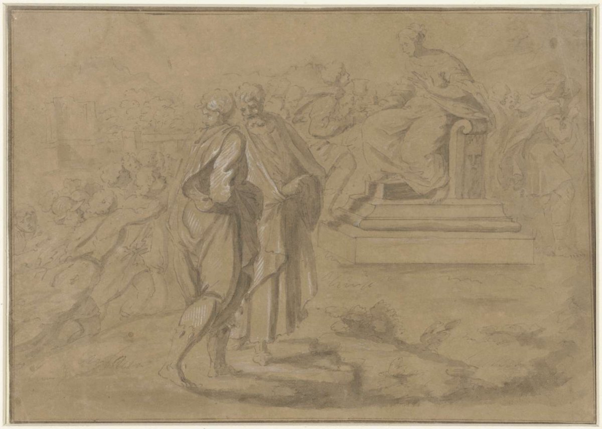 Young man gives a chalice to a woman on a throne, anonymous, 1600 - 1699