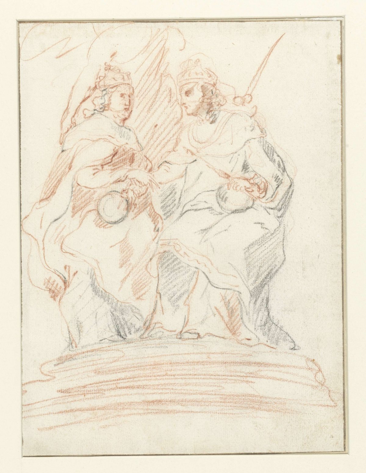 King and a queen on a throne, behind them stands Fama, anonymous, 1700 - 1800