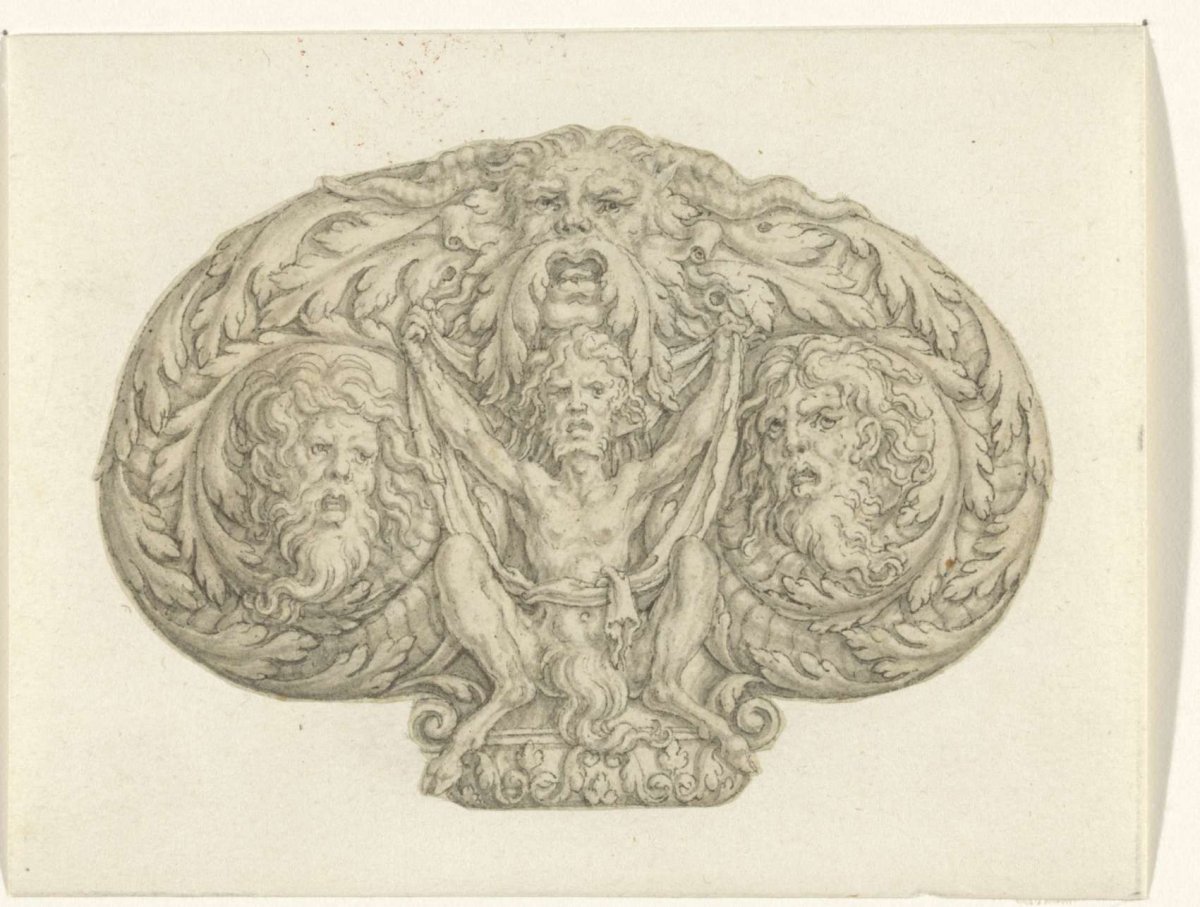 Seated satyr between three heads and leaf motifs, Heinrich Aldegrever, 1512 - 1558