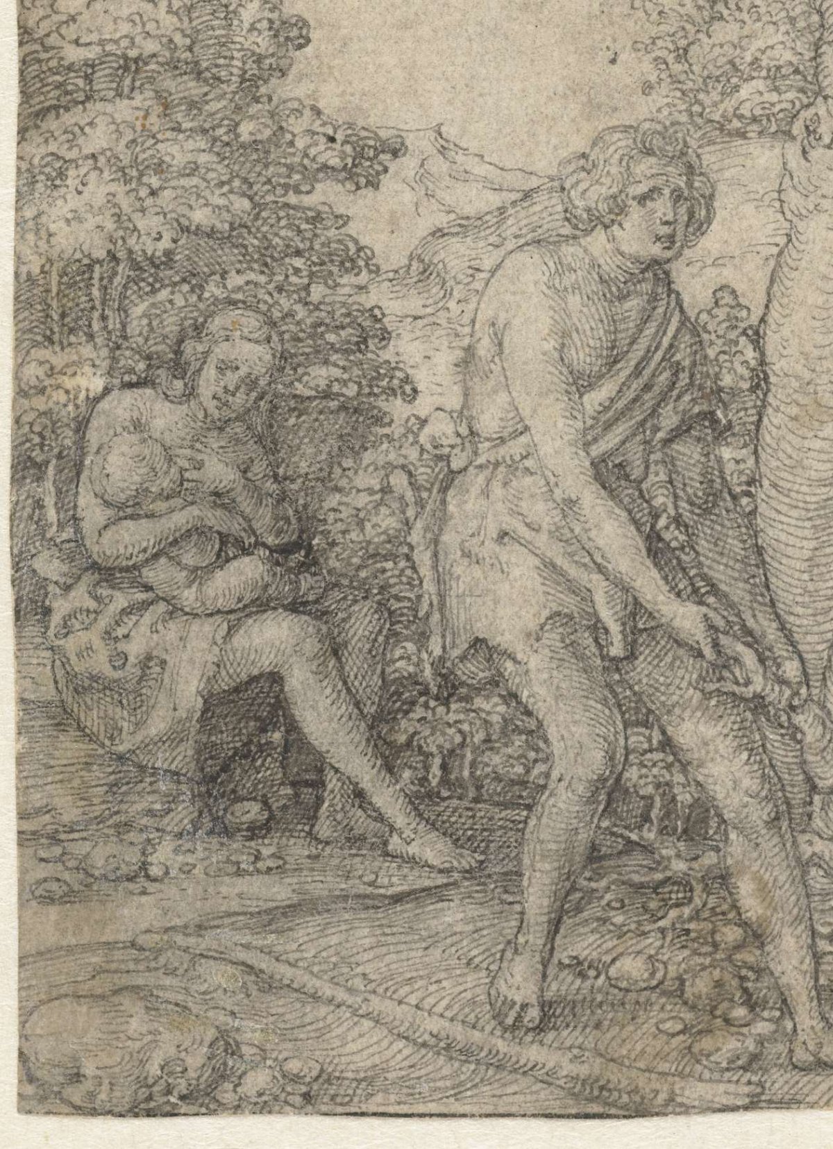 Adam plows the earth, Eve suckles her child, Heinrich Aldegrever, 1535 - 1540