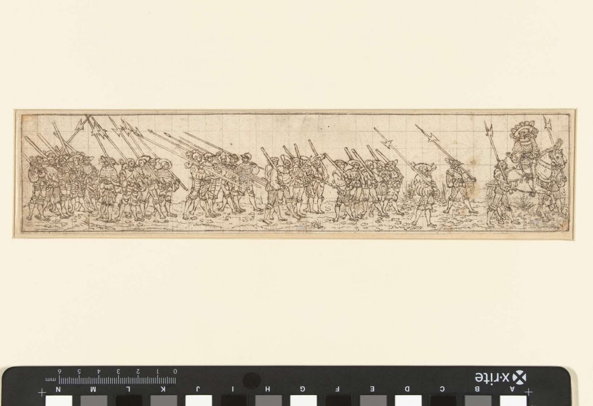 Procession of musketeers, halberdiers and lancers, preceded by a horseman, Hans Sebald Beham, 1510 - 1550