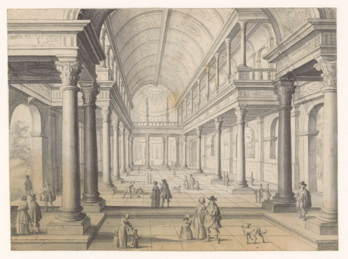 Renaissance room with figures, anonymous, 1600 - 1699
