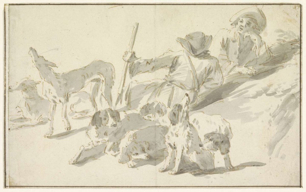 Resting hunters with dogs, anonymous, 1700 - 1800