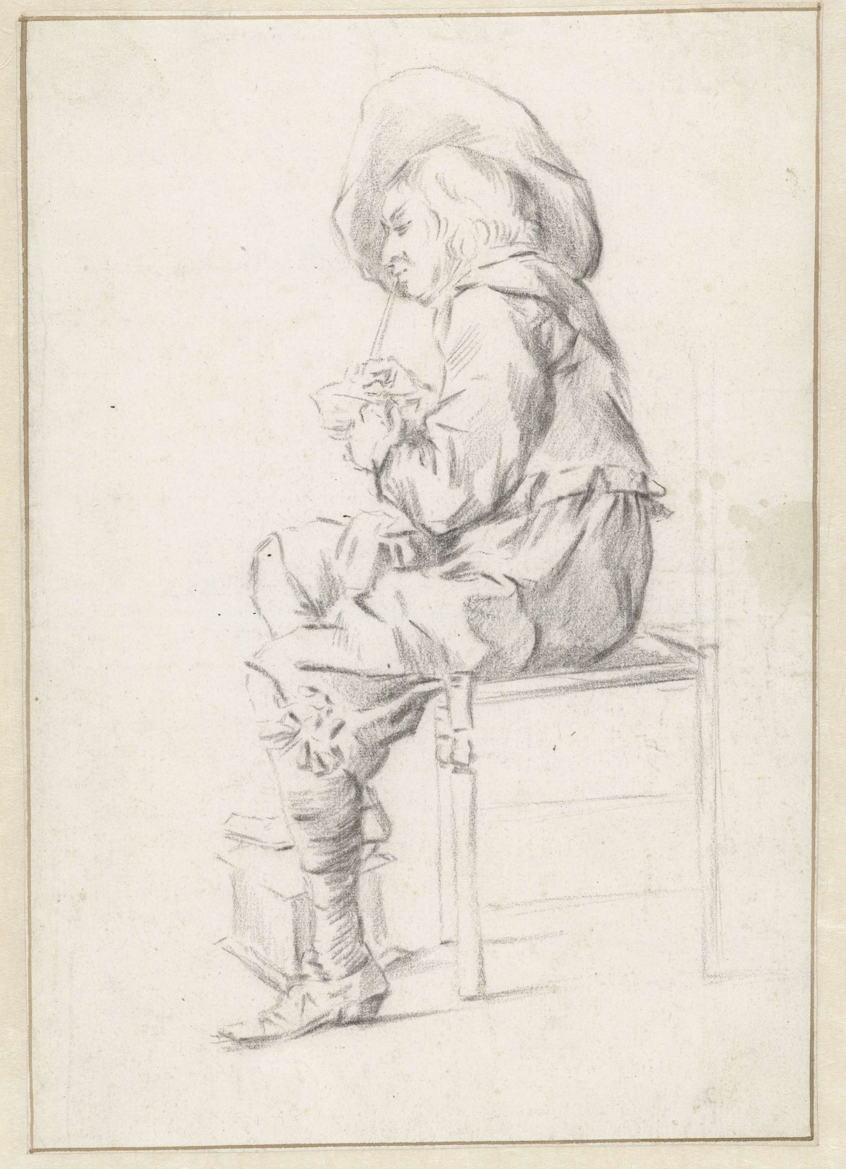 Seated young man lighting his pipe, anonymous, 1600 - 1699