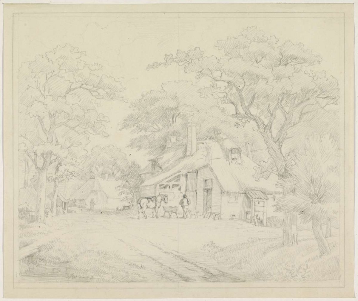Horse in front of house among trees, Hendrik Jozef Franciscus van der Poorten, 1842