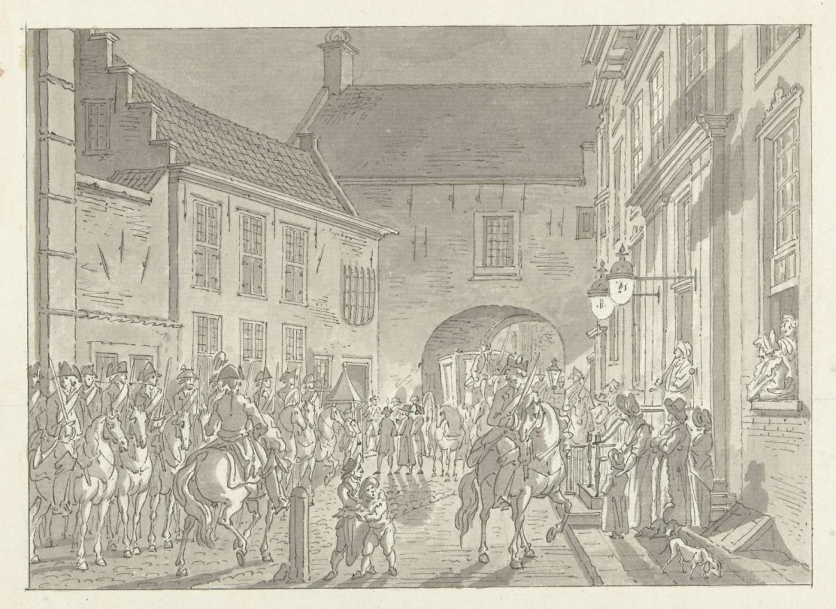 L.P. van de Spiegel taken to the Prison Gate, 1795, Jan Bulthuis, 1796