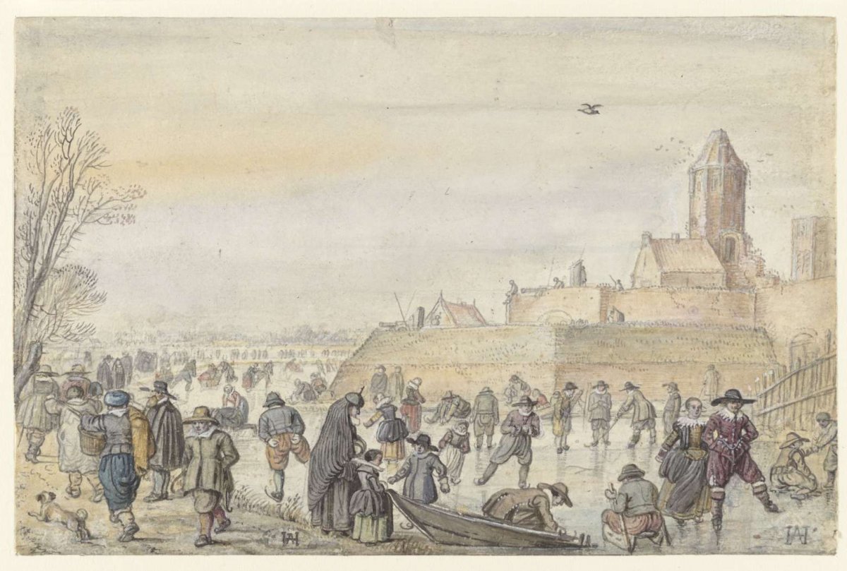 Winter Scene on the Frozen Canal near the Kalverhekkenpoort, Kampen / verso: Sketches of Figures on the Ice, Hendrick Avercamp, before 1607