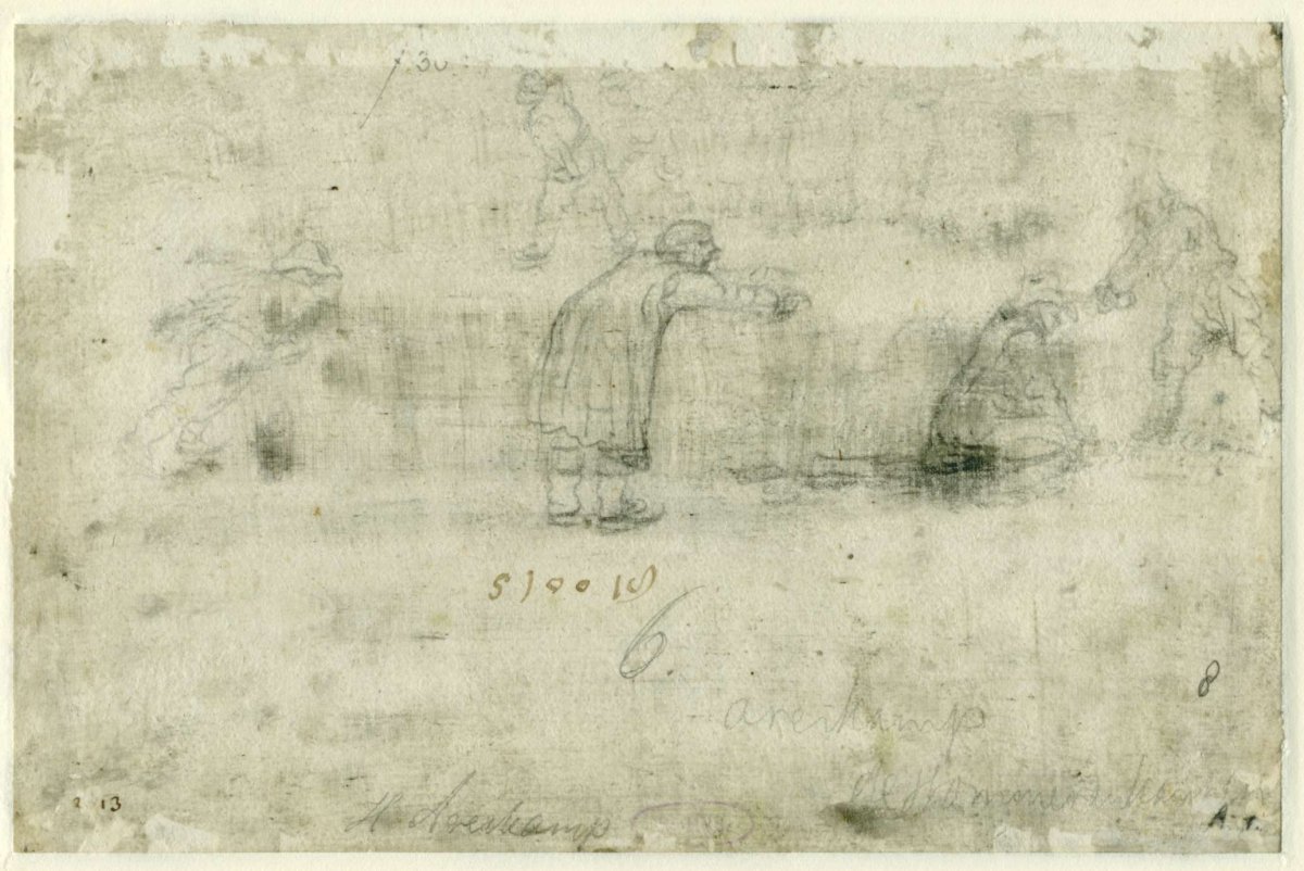 Sketches of Figures on the Ice / recto: Winter Scene on the Frozen Canal near the Kalverhekkenpoort, Kampen, Hendrick Avercamp, before 1607