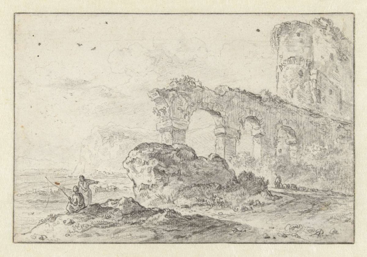 Italian landscape with ruins and some figures, Adam Pijnacker, 1632 - 1673