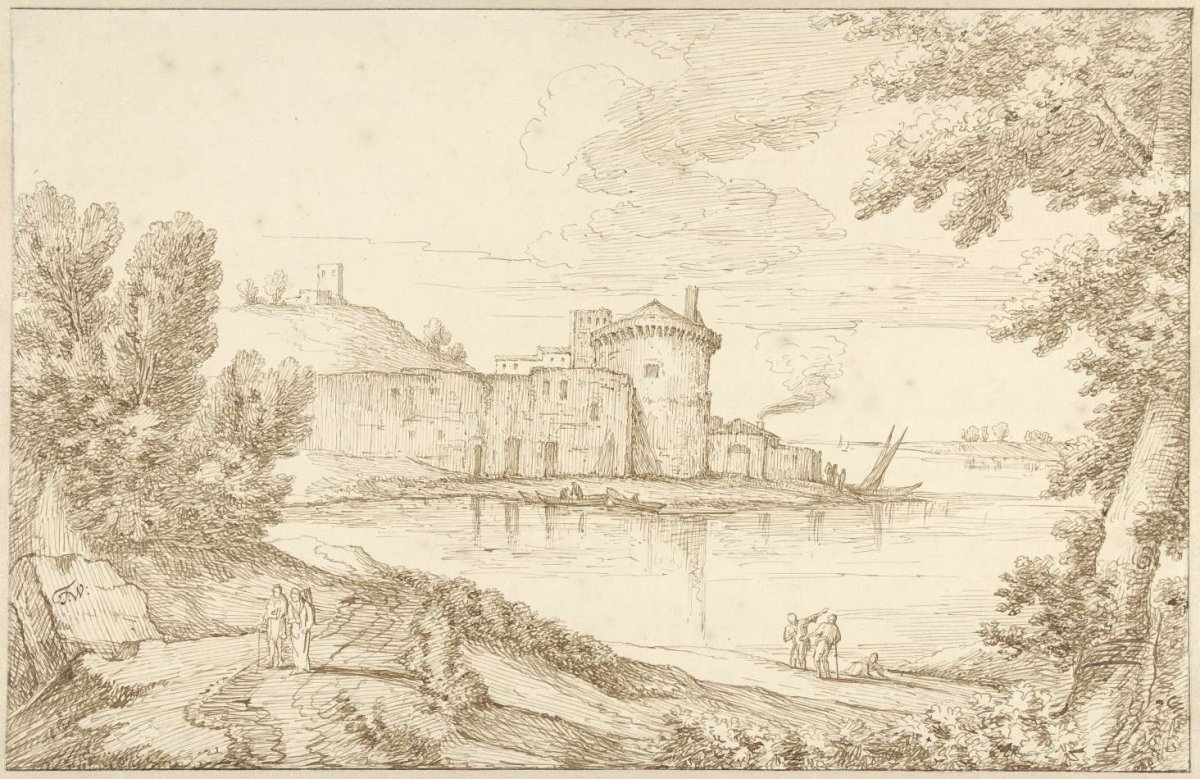 River view in Italy with a tower, Theodoor Wilkens, 1700 - 1748