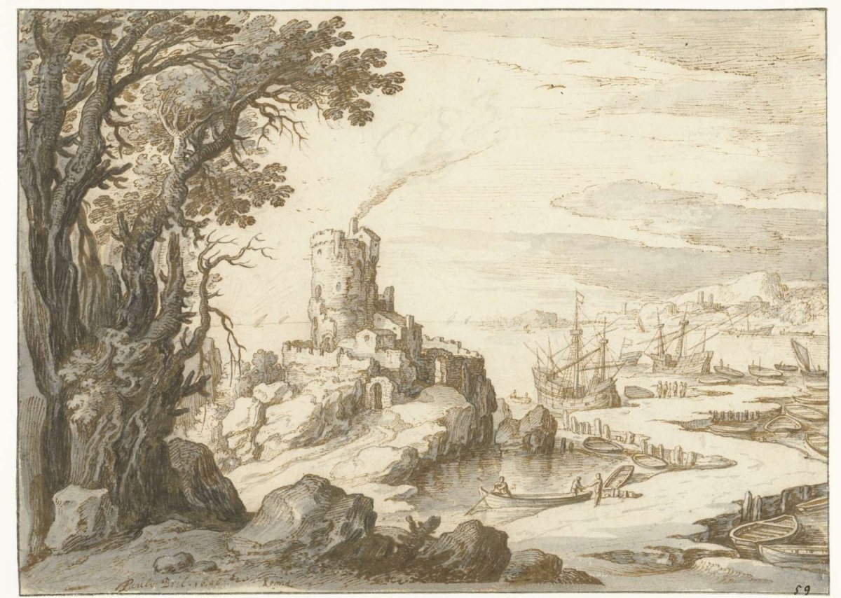 View of a coast with a keep or lighthouse, Paul Bril, 1564 - 1626