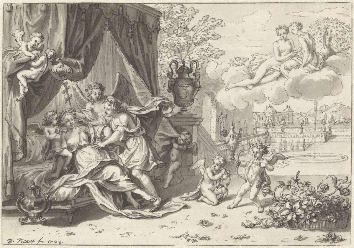 Newlywed couple led to marriage bed by amors, Bernard Picart, 1723