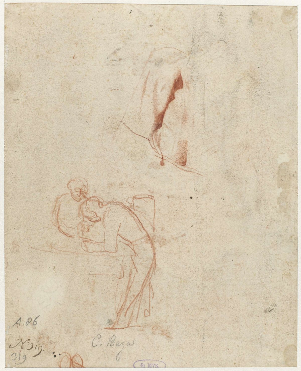 Sketch of Two Standing Figures and a Drapery Study, Cornelis Pietersz. Bega, c. 1658 - c. 1660