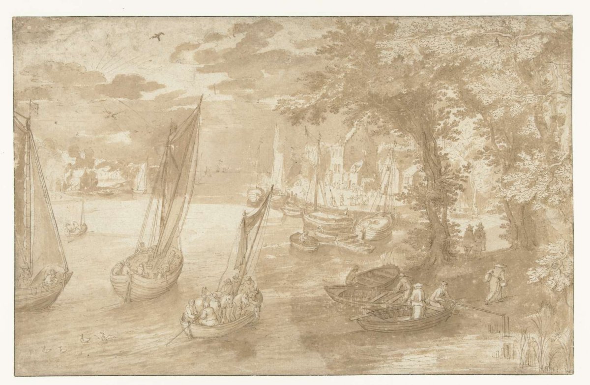 River landscape with a mooring on the right, anonymous, 1578 - 1675