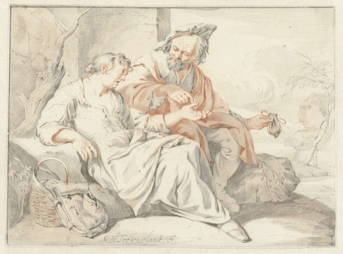 Seated woman takes money from a man, Jacob Toorenvliet, 1650 - 1719