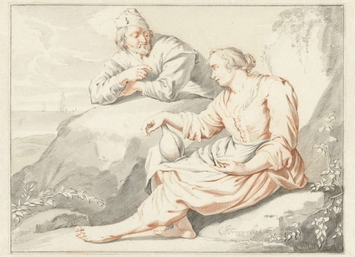 Woman with a jug in conversation with a man, Jacob Toorenvliet, 1650 - 1719