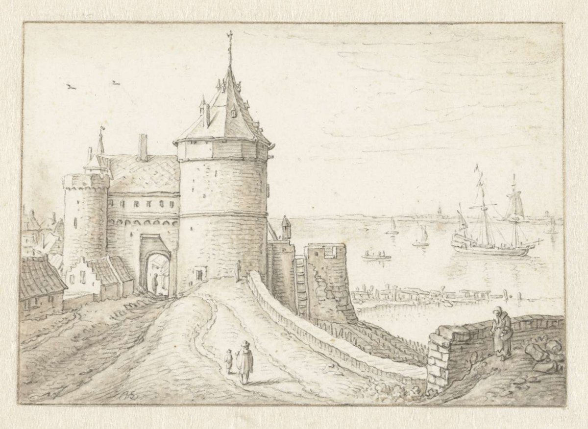 City gate overlooking the sea, Herman Saftleven, 1619 - 1685