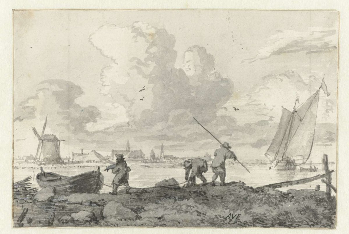Fishermen with their rowboat on the Spaarne near Haarlem, Allaert van Everdingen, 1648 - before 1652