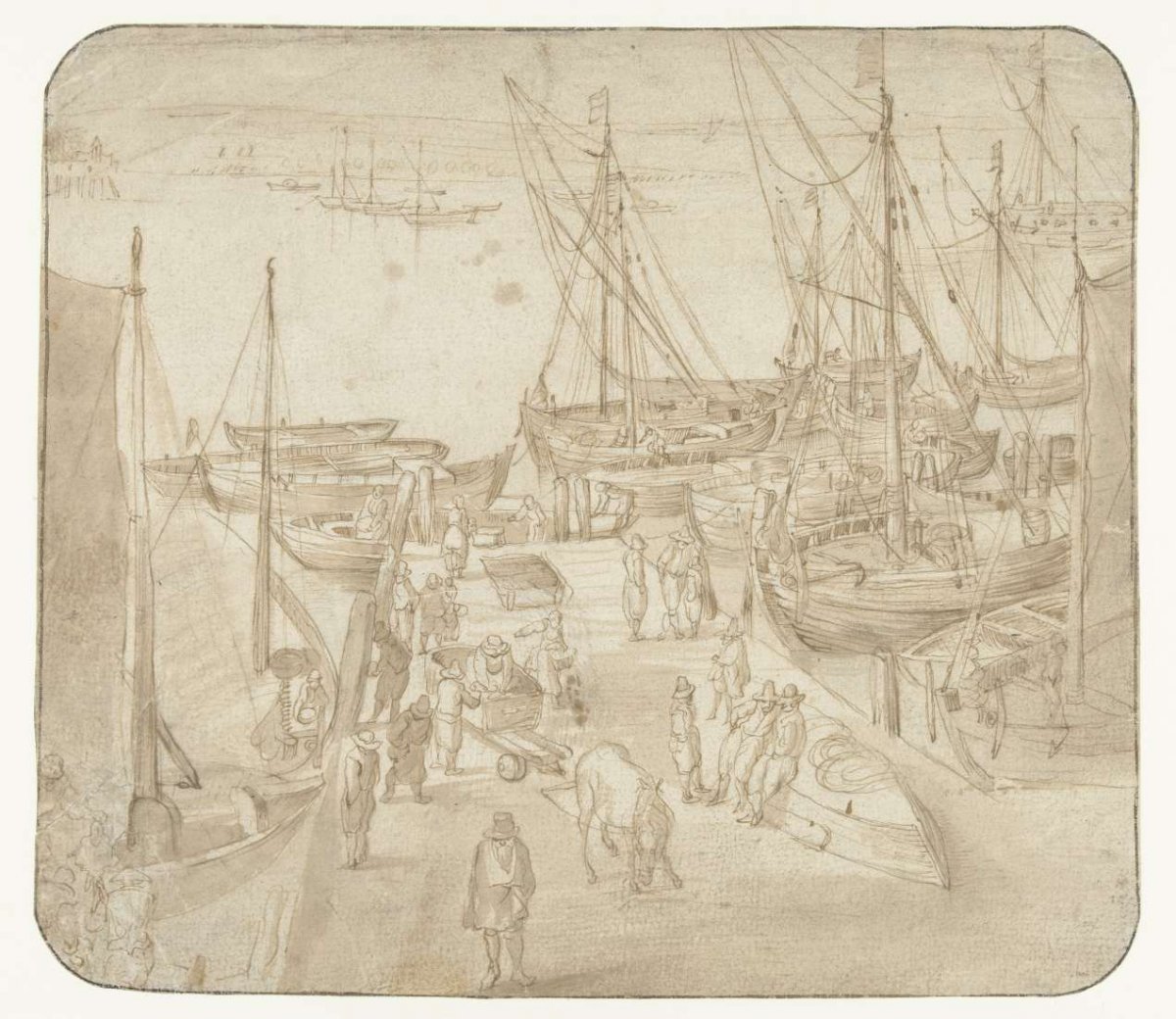 Ships at a harbor jetty, anonymous, 1600 - 1700