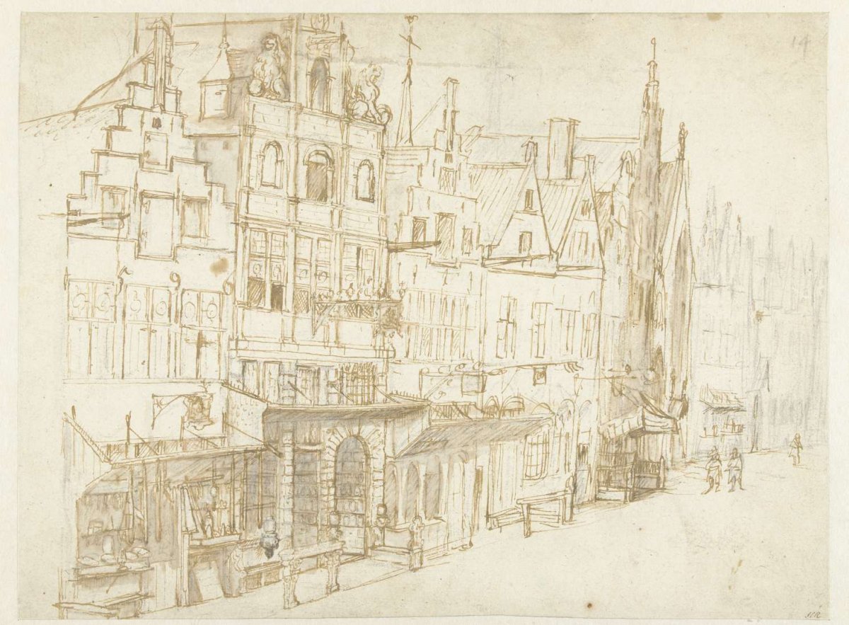 View of a row of houses in a city, Rembrandt van Rijn, 1600 - 1699
