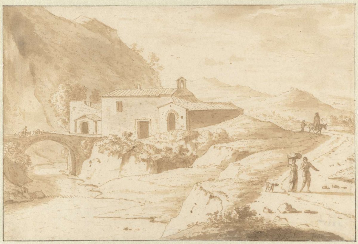 Hilly Landscape with a Chapel by a Bridge, Bartholomeus Appelman, c. 1680 - c. 1686