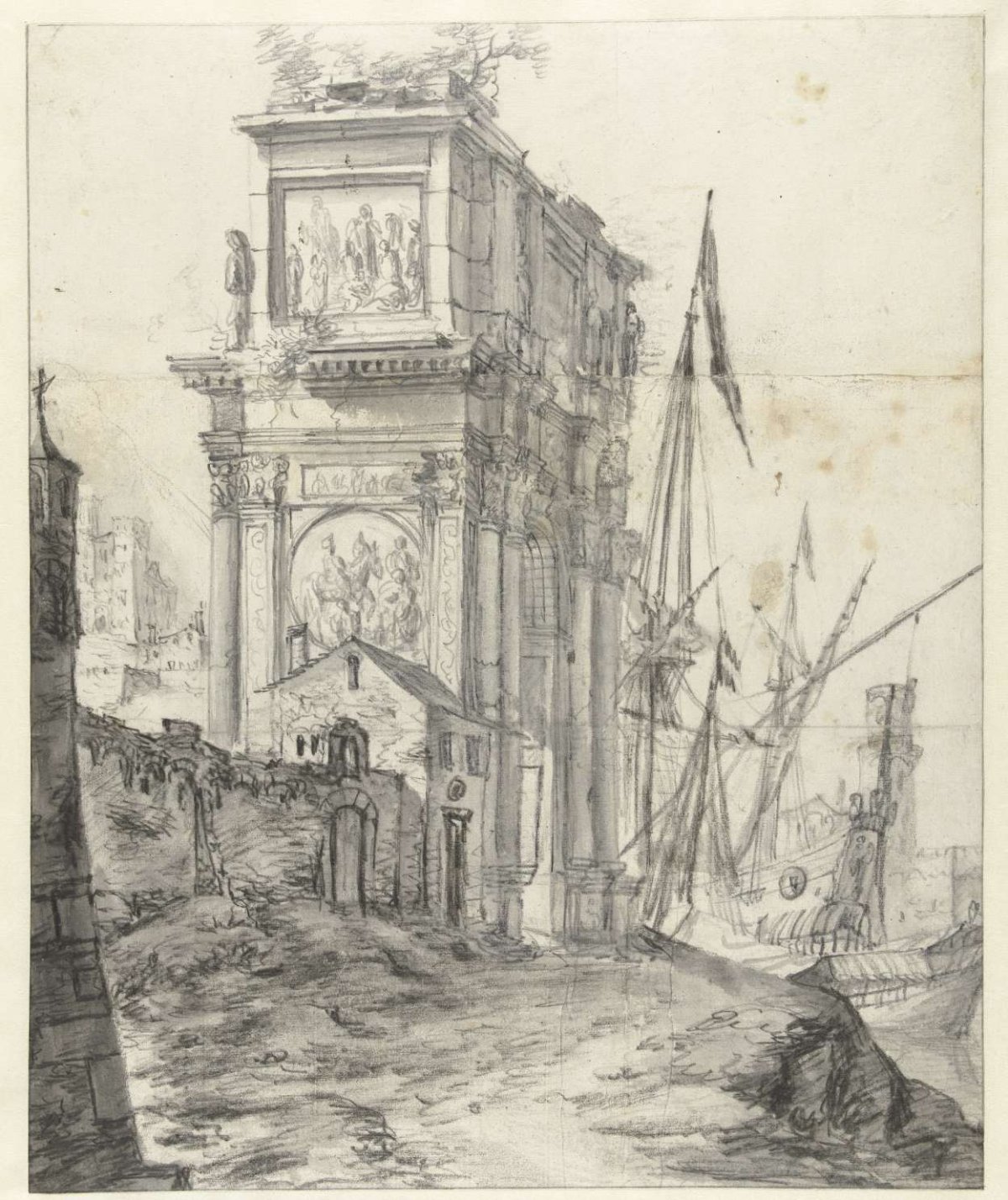 Capriccio with antique triumphal arch, Jan Abrahamsz. Beerstraten, 1600 - 1699