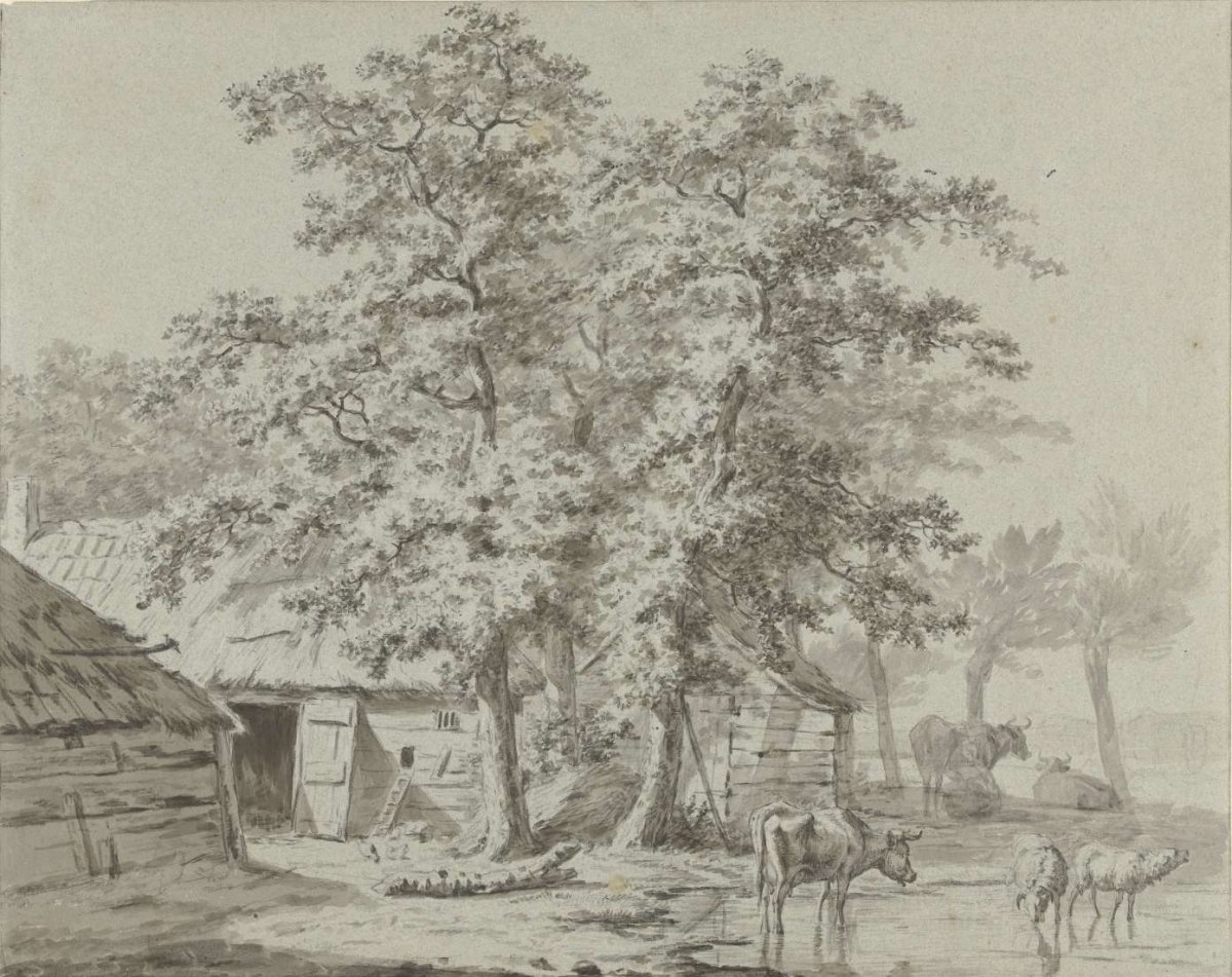 Farmhouse under trees with cattle near water, Jan Kobell (I), 1766 - 1833
