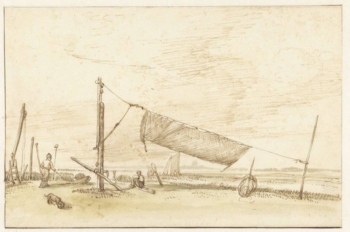Two fishermen on the waterfront (the IJ?)., Anthonie van Borssom, 1640 - 1677