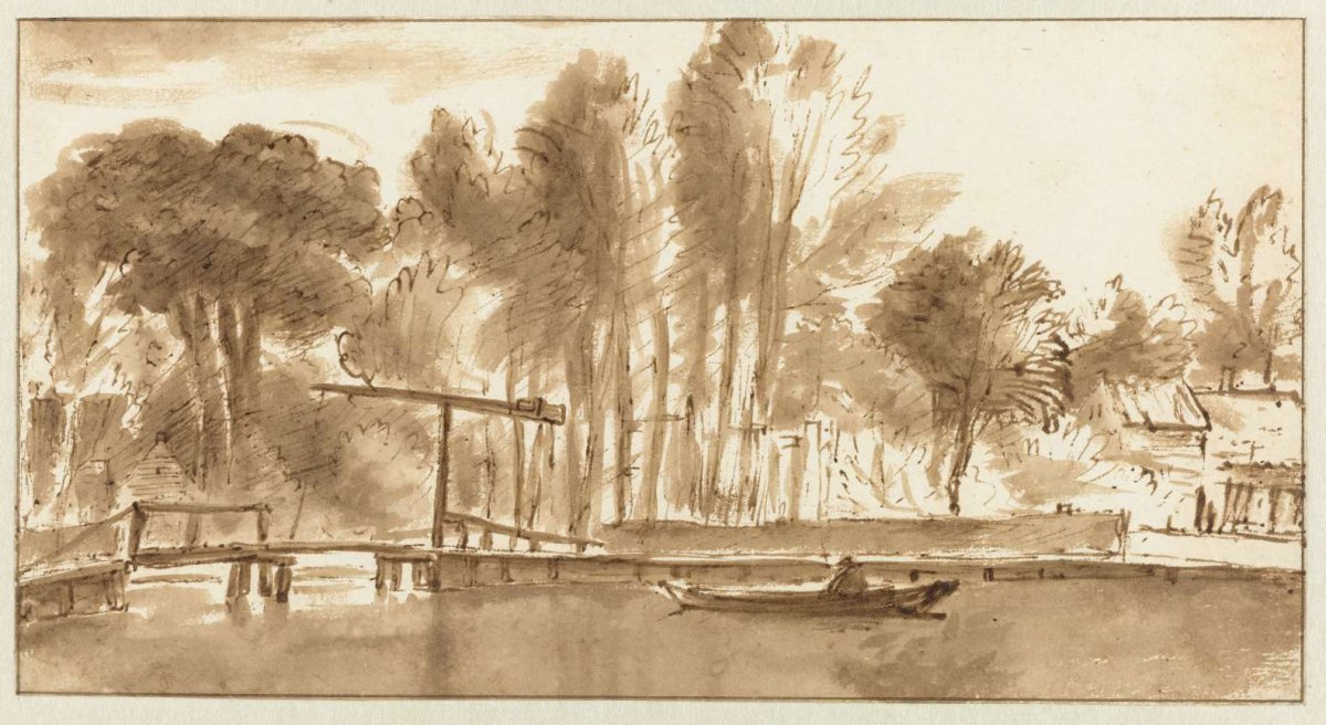 Wooded river landscape with drawbridge, Anthonie van Borssom, 1631 - 1674