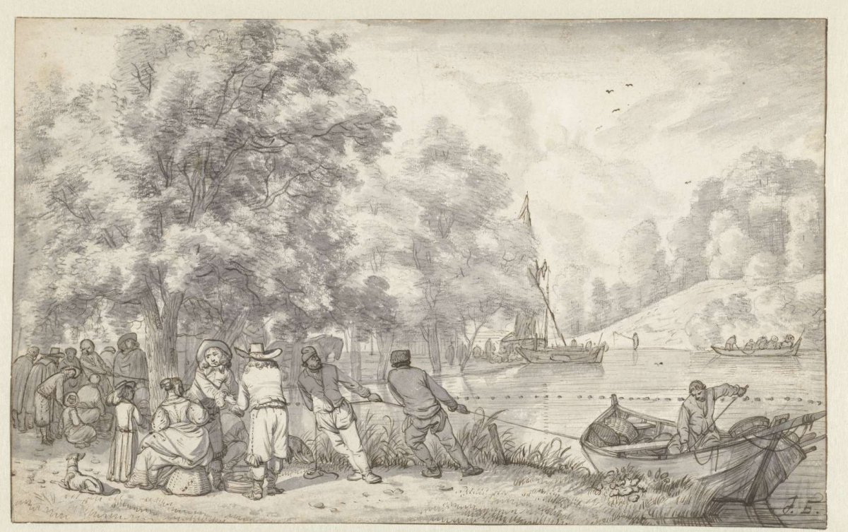 River view with fishermen, Jacob Esselens, 1636 - 1687