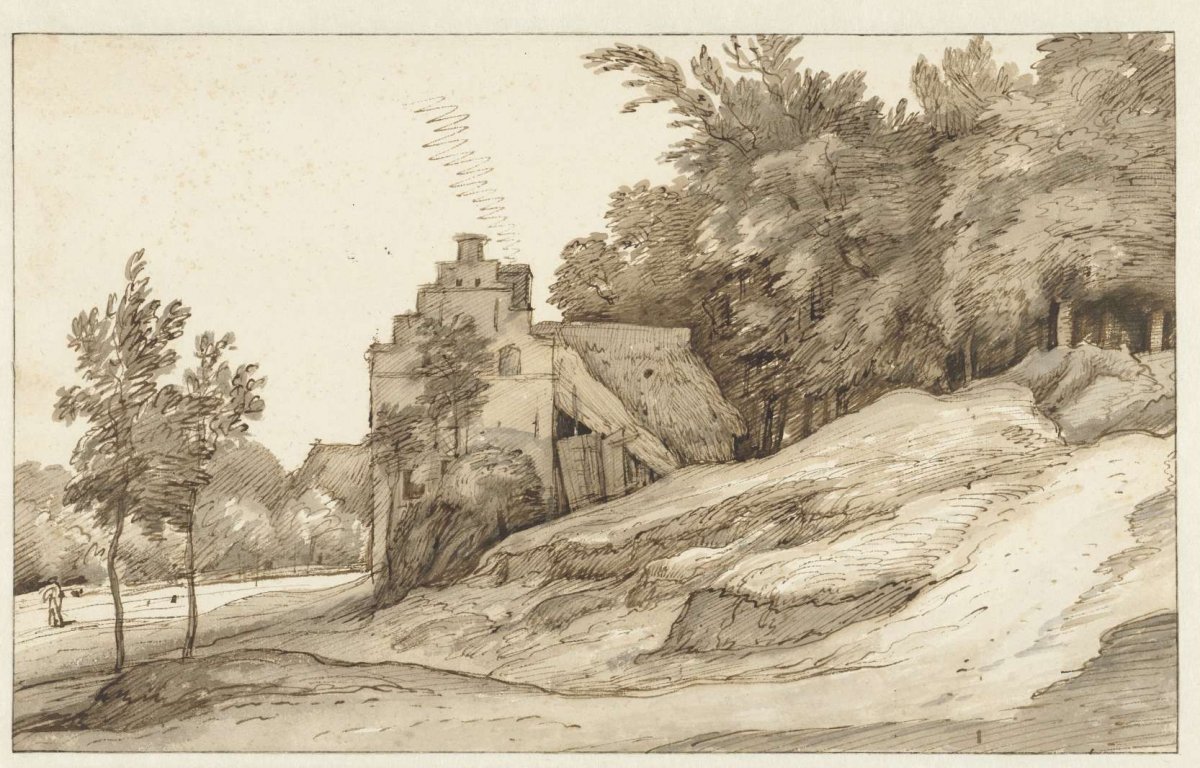 Farmhouse with stepped gable at the edge of a forest, Jacob Esselens, 1636 - 1687