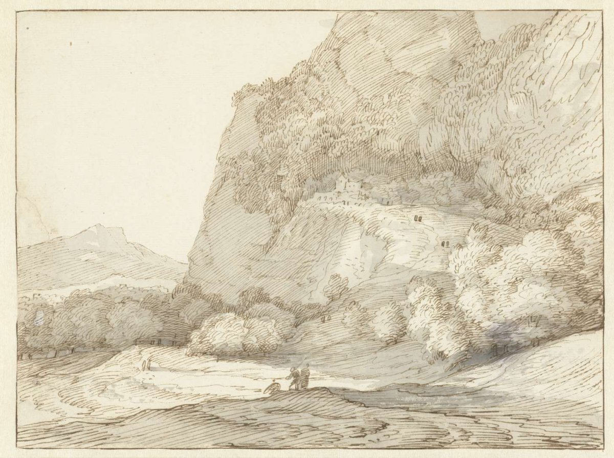 Mountainous landscape with three figures in the foreground, Jacob Esselens, 1636 - 1687